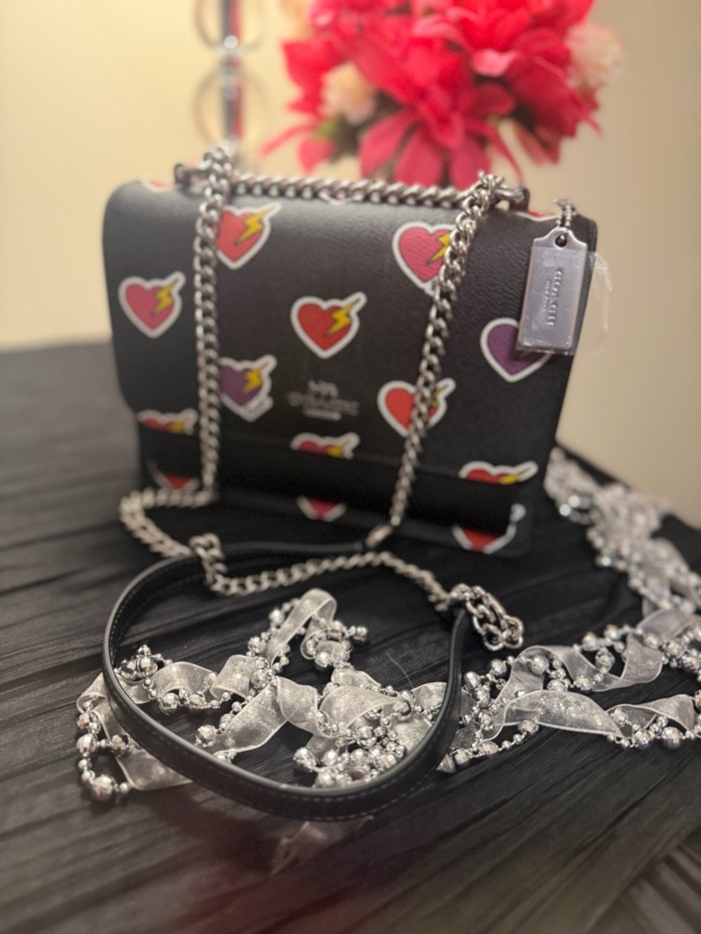 Coach Klare Crossbody With Heart Bolt Print Black Leather Chain Strap - Picture 4 of 10